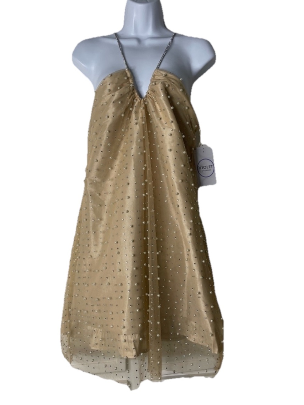 NWT Violet Weekend Gold Champagne Pearl Halter A-Line Dress Juniors 13/14